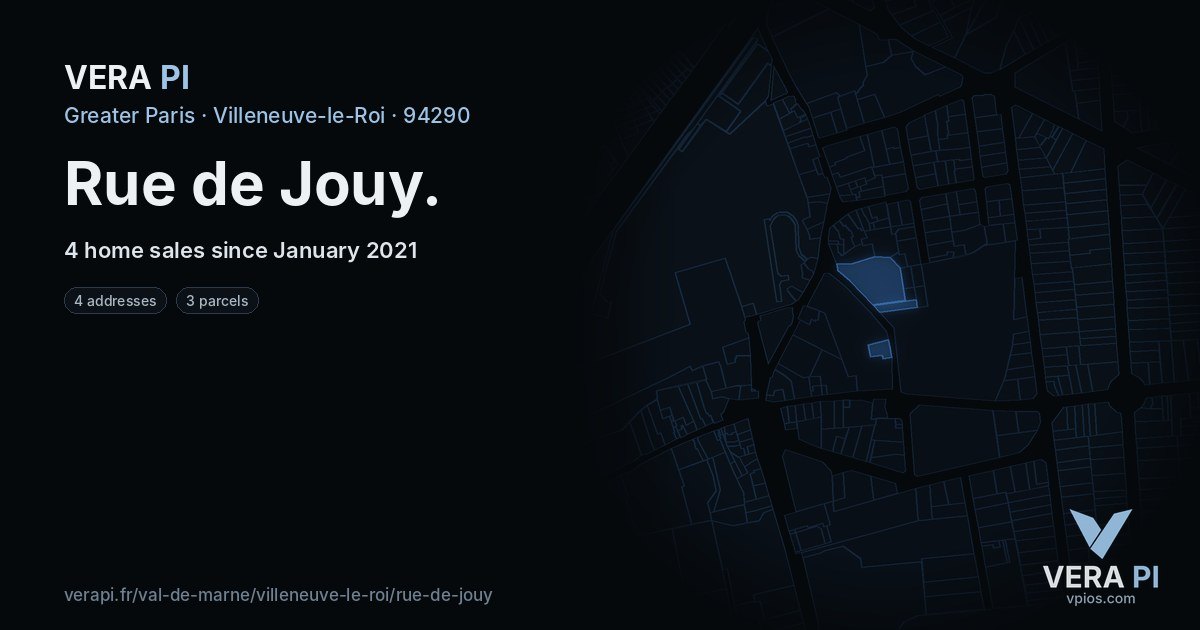 Rue de Jouy, Villeneuve-le-Roi at night – every parcel coloured by the prices around it, the street's own parcels lit