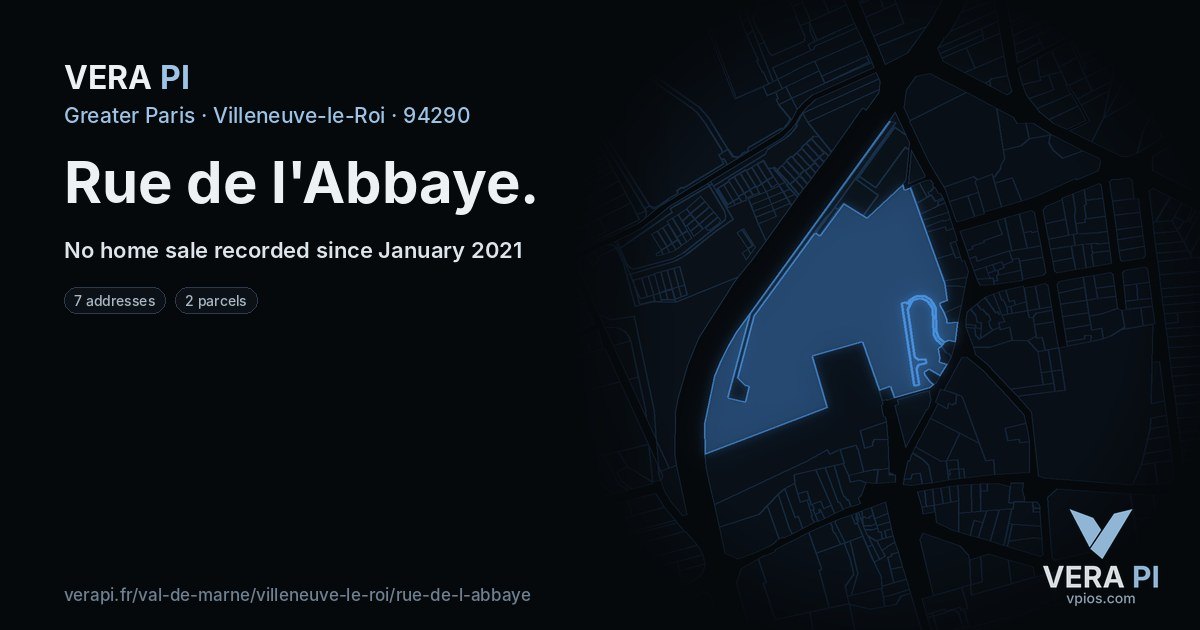 Rue de l'Abbaye, Villeneuve-le-Roi at night – every parcel coloured by the prices around it, the street's own parcels lit