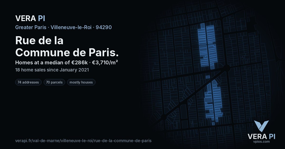 Rue de la Commune de Paris, Villeneuve-le-Roi at night – every parcel coloured by the prices around it, the street's own parcels lit