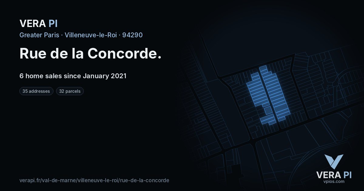 Rue de la Concorde, Villeneuve-le-Roi at night – every parcel coloured by the prices around it, the street's own parcels lit