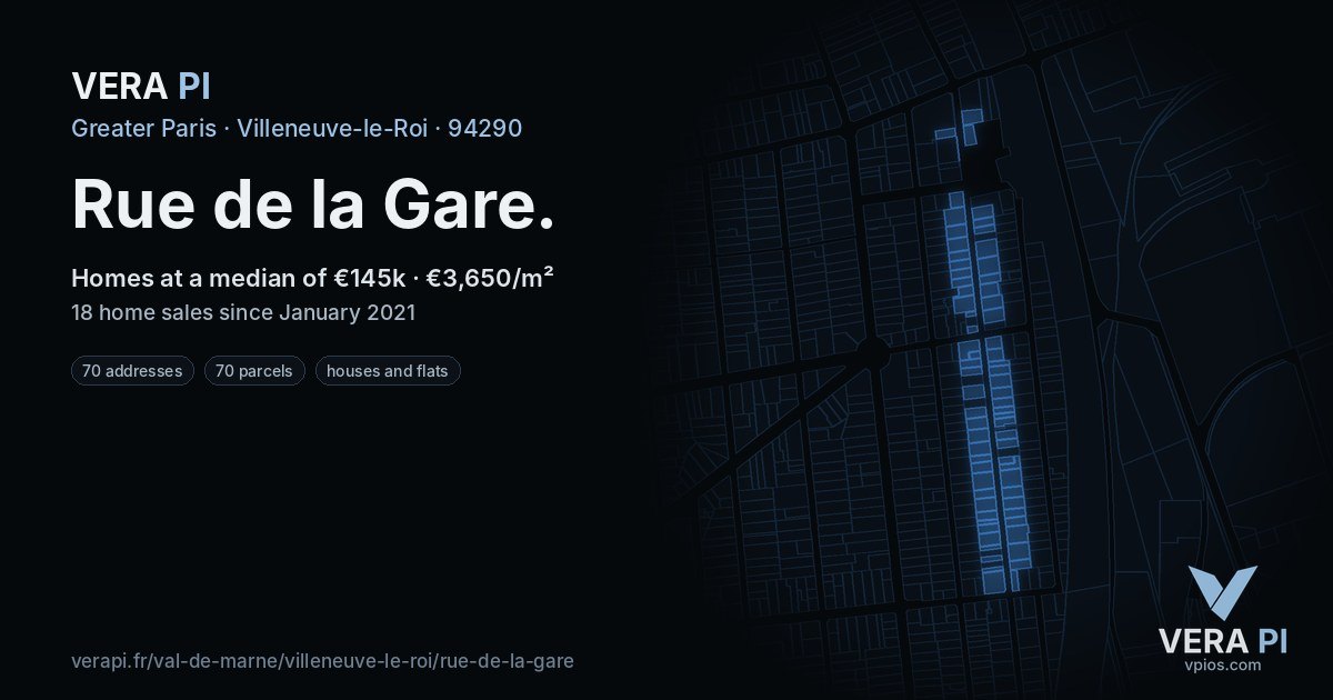 Rue de la Gare, Villeneuve-le-Roi at night – every parcel coloured by the prices around it, the street's own parcels lit