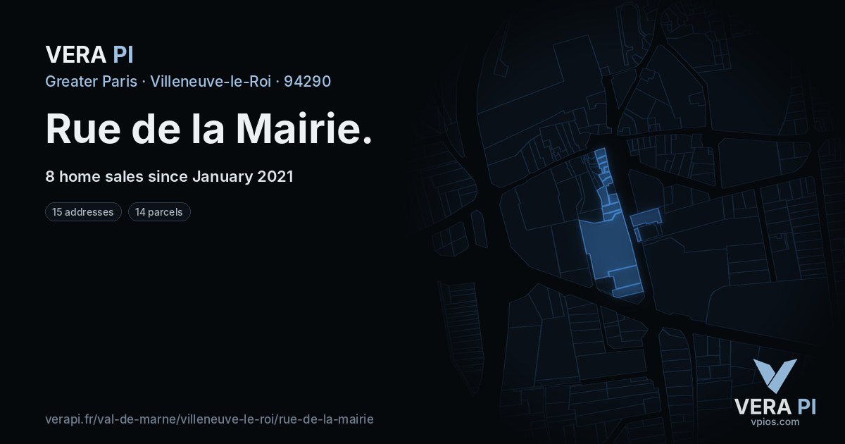 Rue de la Mairie, Villeneuve-le-Roi at night – every parcel coloured by the prices around it, the street's own parcels lit