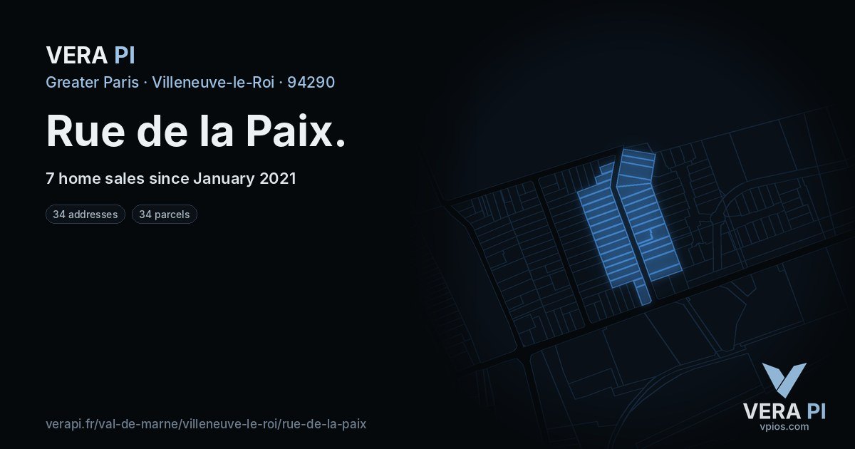 Rue de la Paix, Villeneuve-le-Roi at night – every parcel coloured by the prices around it, the street's own parcels lit