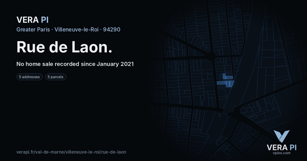 Rue de Laon, Villeneuve-le-Roi at night – every parcel coloured by the prices around it, the street's own parcels lit