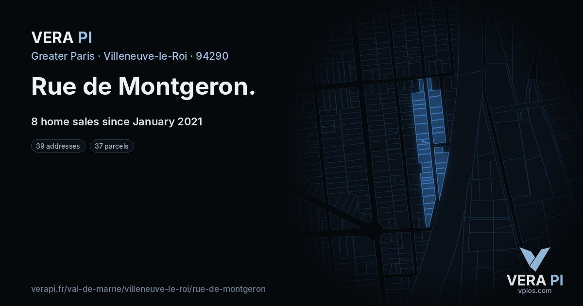 Rue de Montgeron, Villeneuve-le-Roi at night – every parcel coloured by the prices around it, the street's own parcels lit