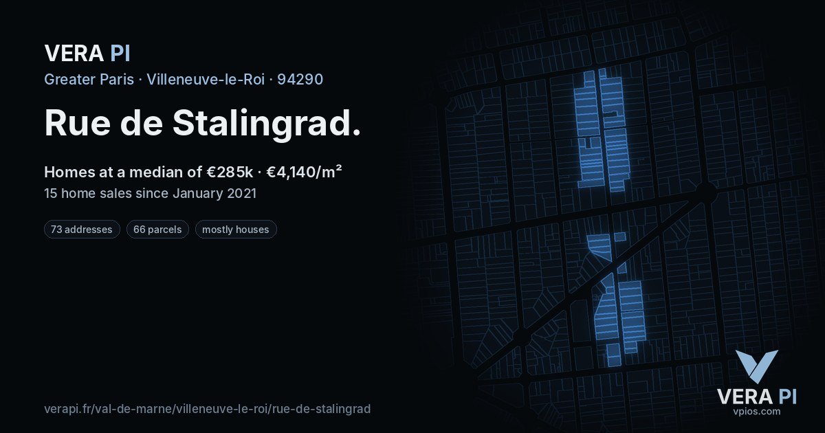 Rue de Stalingrad, Villeneuve-le-Roi at night – every parcel coloured by the prices around it, the street's own parcels lit