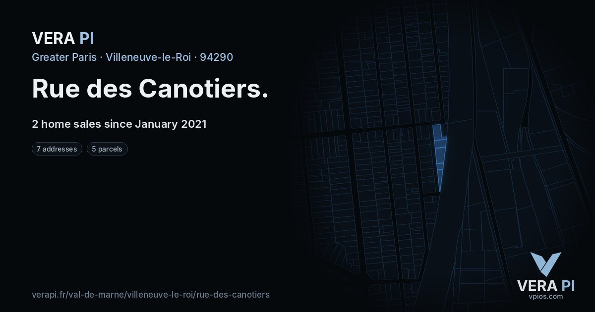 Rue des Canotiers, Villeneuve-le-Roi at night – every parcel coloured by the prices around it, the street's own parcels lit
