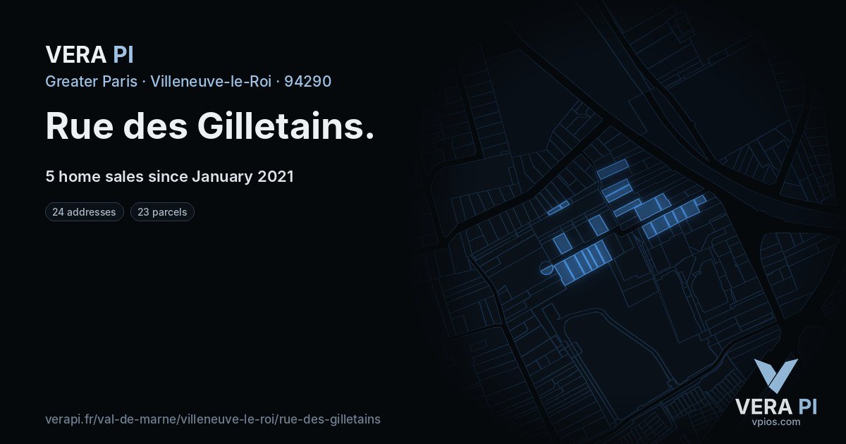 Rue des Gilletains, Villeneuve-le-Roi at night – every parcel coloured by the prices around it, the street's own parcels lit