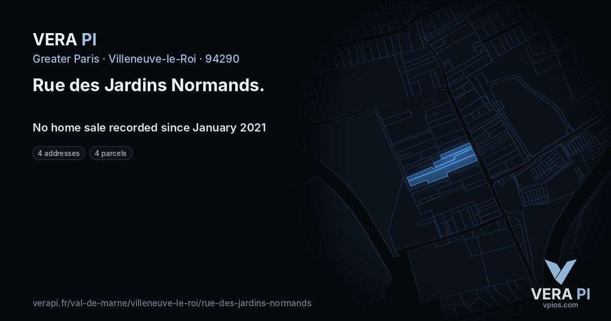 Rue des Jardins Normands, Villeneuve-le-Roi at night – every parcel coloured by the prices around it, the street's own parcels lit