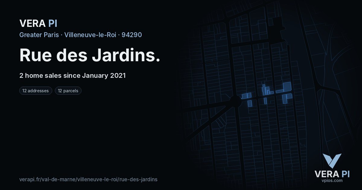 Rue des Jardins, Villeneuve-le-Roi at night – every parcel coloured by the prices around it, the street's own parcels lit
