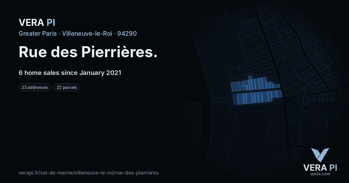 Rue des Pierrières, Villeneuve-le-Roi at night – every parcel coloured by the prices around it, the street's own parcels lit