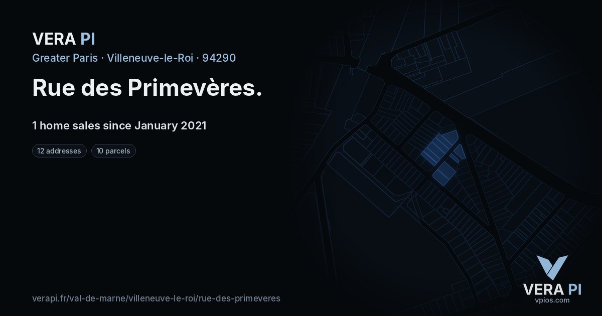 Rue des Primevères, Villeneuve-le-Roi at night – every parcel coloured by the prices around it, the street's own parcels lit