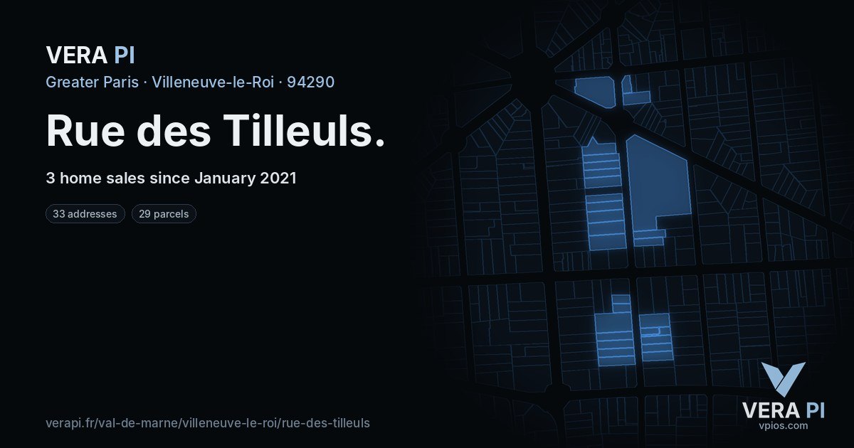Rue des Tilleuls, Villeneuve-le-Roi at night – every parcel coloured by the prices around it, the street's own parcels lit