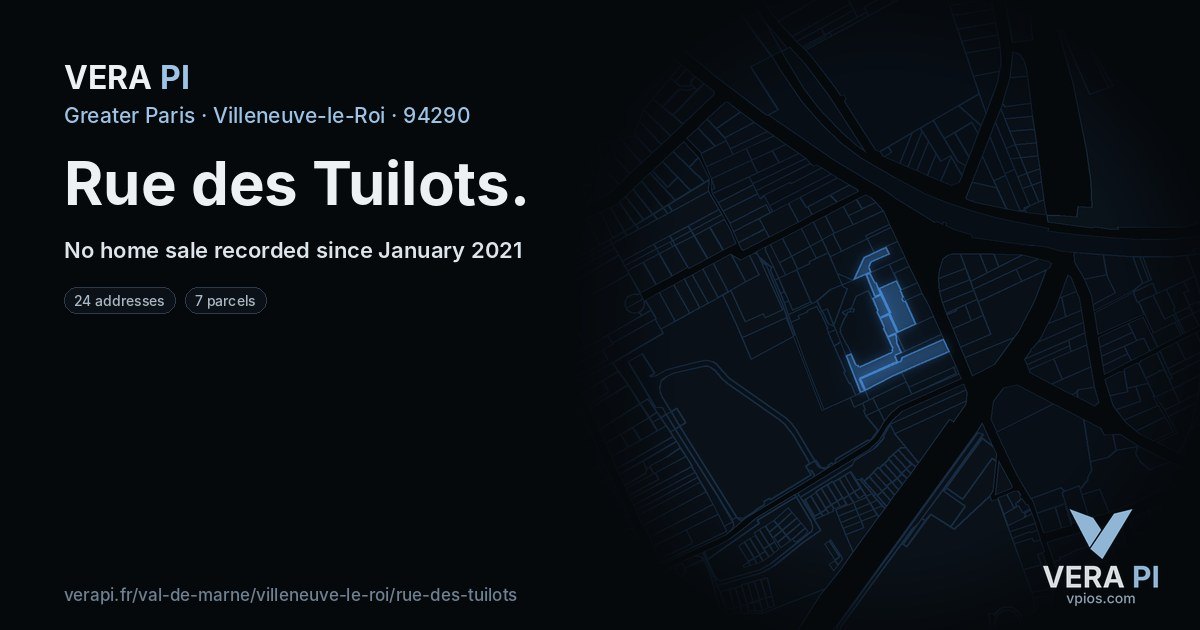 Rue des Tuilots, Villeneuve-le-Roi at night – every parcel coloured by the prices around it, the street's own parcels lit