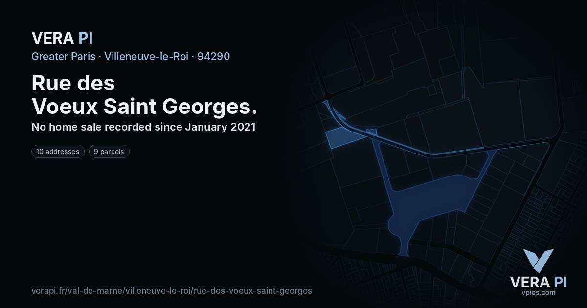 Rue des Voeux Saint Georges, Villeneuve-le-Roi at night – every parcel coloured by the prices around it, the street's own parcels lit