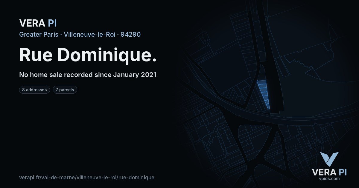 Rue Dominique, Villeneuve-le-Roi at night – every parcel coloured by the prices around it, the street's own parcels lit