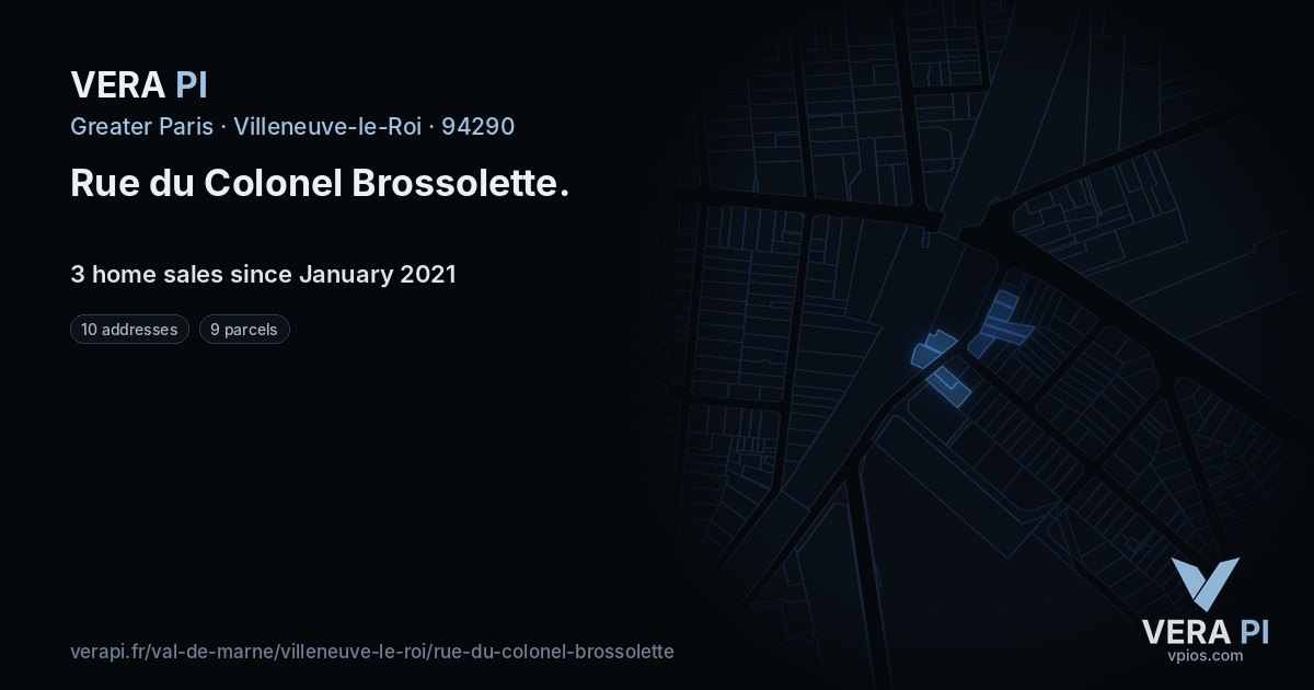 Rue du Colonel Brossolette, Villeneuve-le-Roi at night – every parcel coloured by the prices around it, the street's own parcels lit