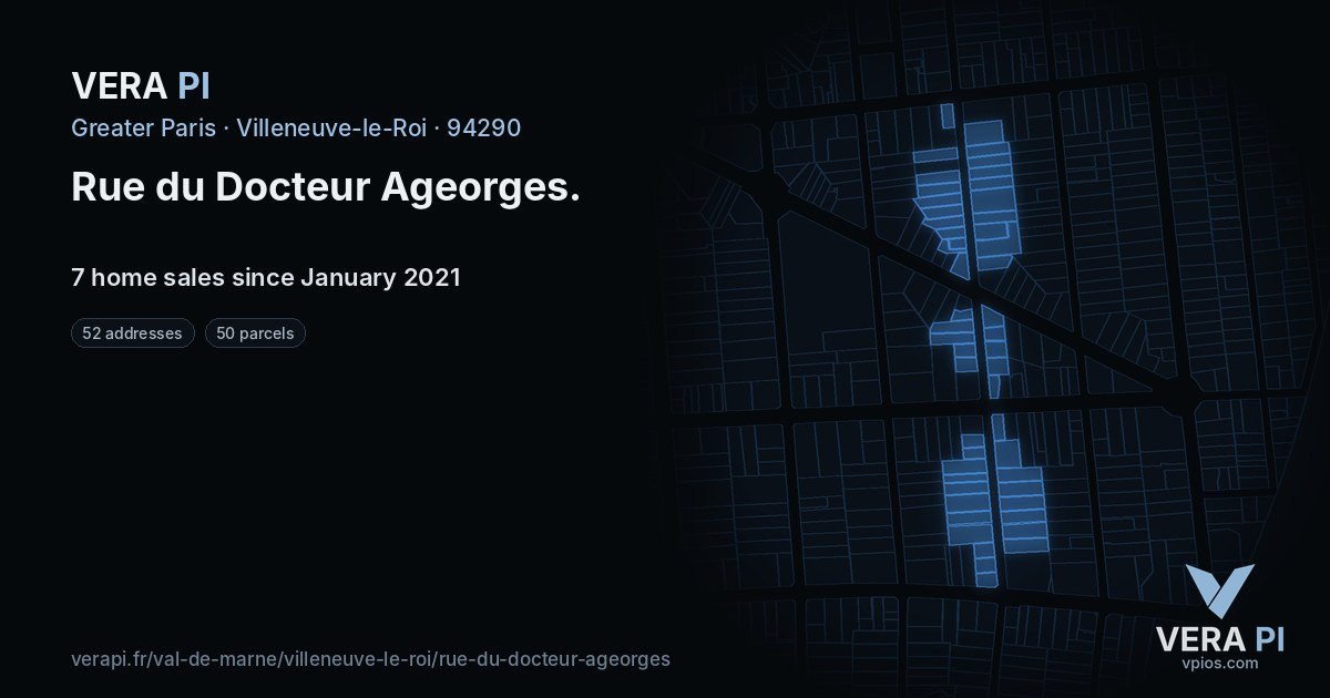 Rue du Docteur Ageorges, Villeneuve-le-Roi at night – every parcel coloured by the prices around it, the street's own parcels lit