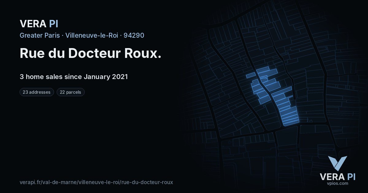 Rue du Docteur Roux, Villeneuve-le-Roi at night – every parcel coloured by the prices around it, the street's own parcels lit