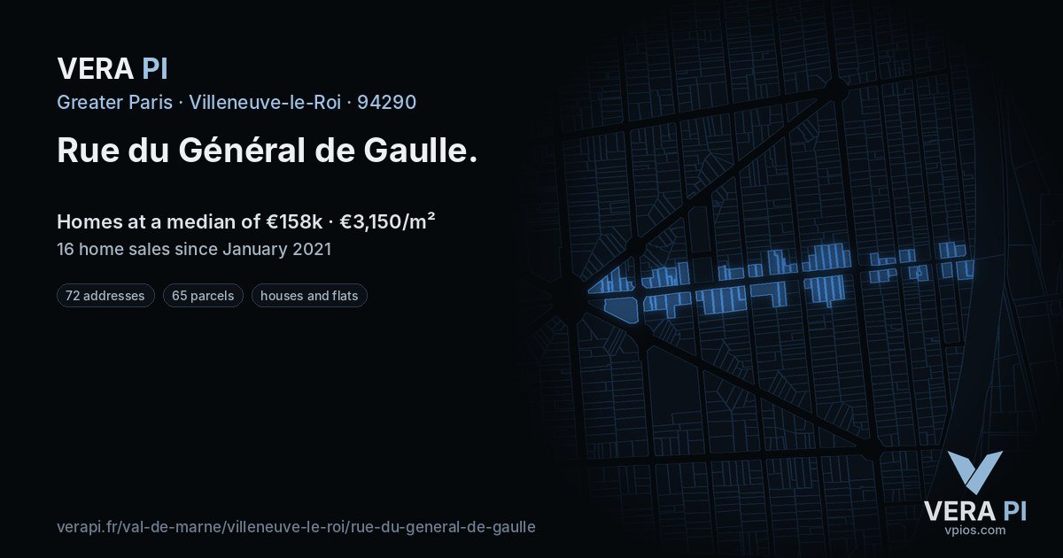 Rue du Général de Gaulle, Villeneuve-le-Roi at night – every parcel coloured by the prices around it, the street's own parcels lit