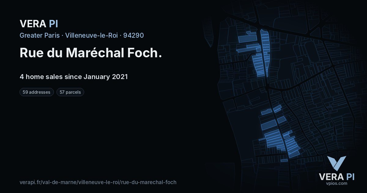 Rue du Maréchal Foch, Villeneuve-le-Roi at night – every parcel coloured by the prices around it, the street's own parcels lit