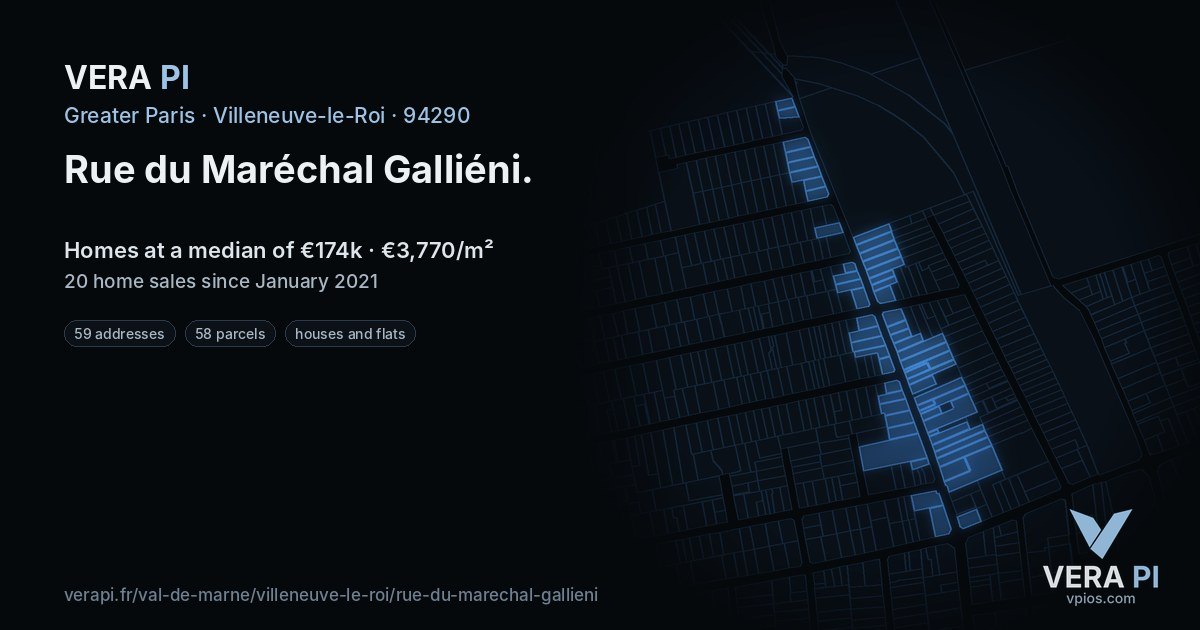 Rue du Maréchal Galliéni, Villeneuve-le-Roi at night – every parcel coloured by the prices around it, the street's own parcels lit