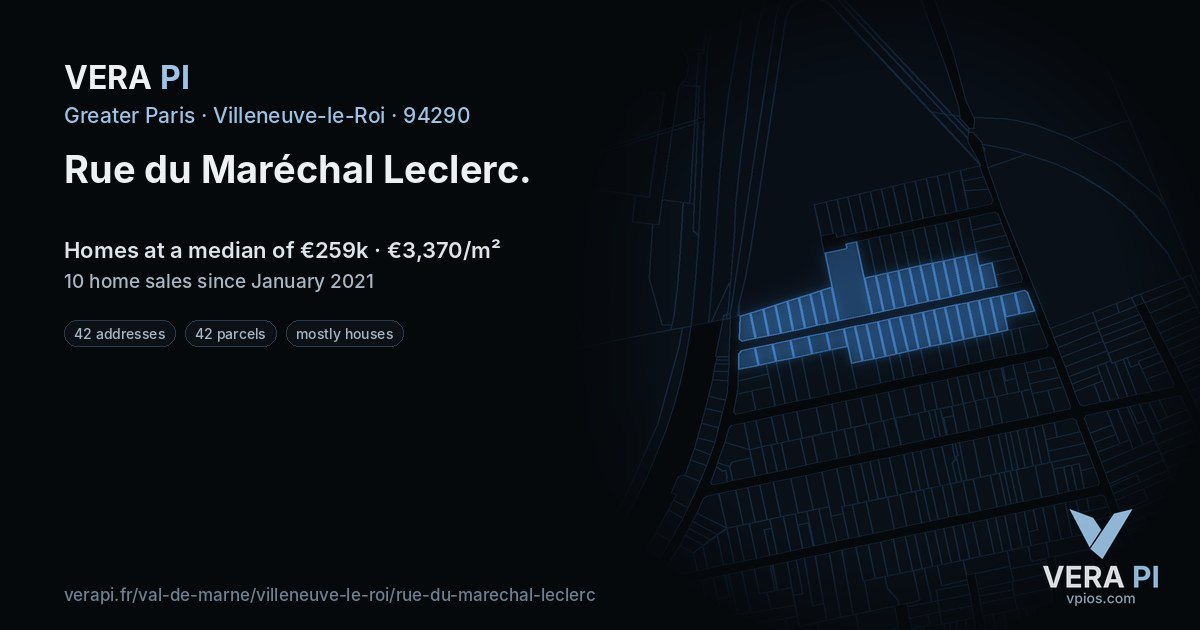 Rue du Maréchal Leclerc, Villeneuve-le-Roi at night – every parcel coloured by the prices around it, the street's own parcels lit