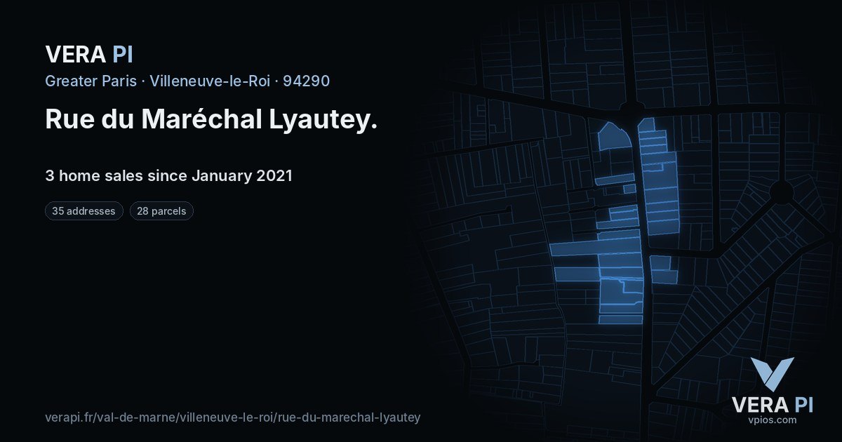 Rue du Maréchal Lyautey, Villeneuve-le-Roi at night – every parcel coloured by the prices around it, the street's own parcels lit
