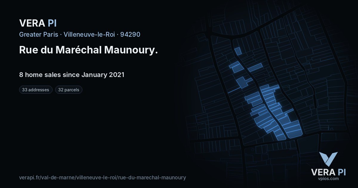 Rue du Maréchal Maunoury, Villeneuve-le-Roi at night – every parcel coloured by the prices around it, the street's own parcels lit