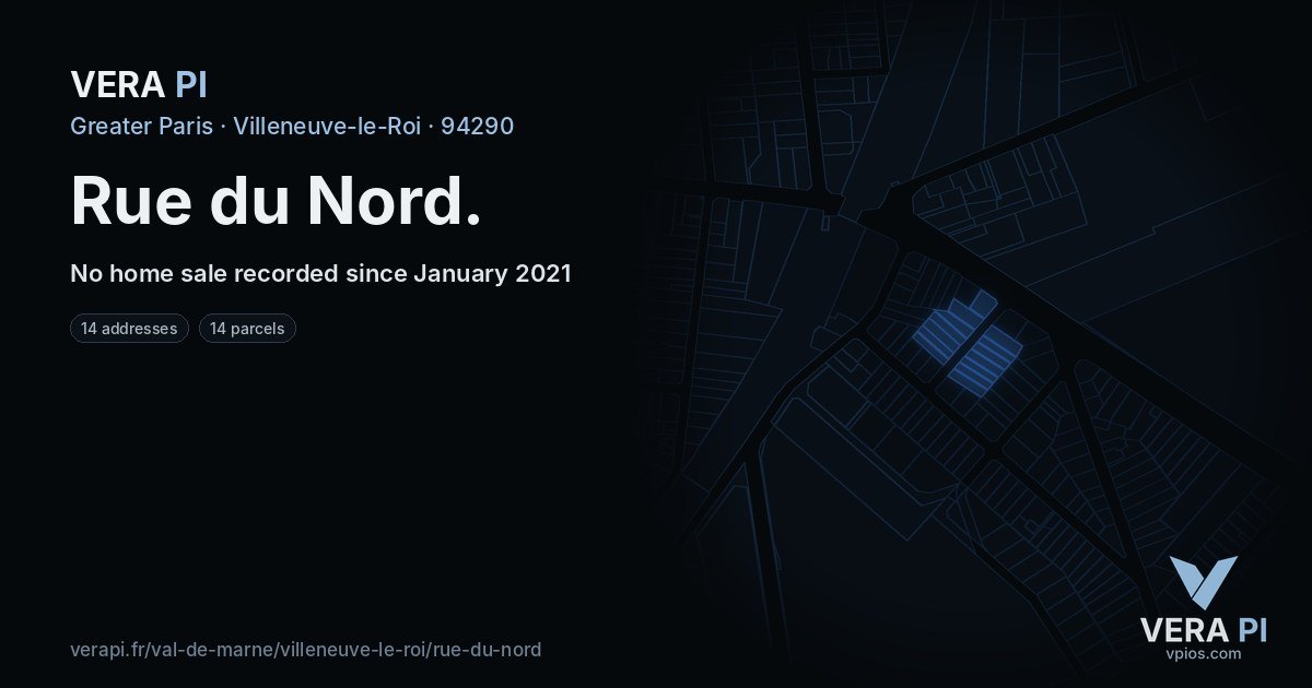 Rue du Nord, Villeneuve-le-Roi at night – every parcel coloured by the prices around it, the street's own parcels lit