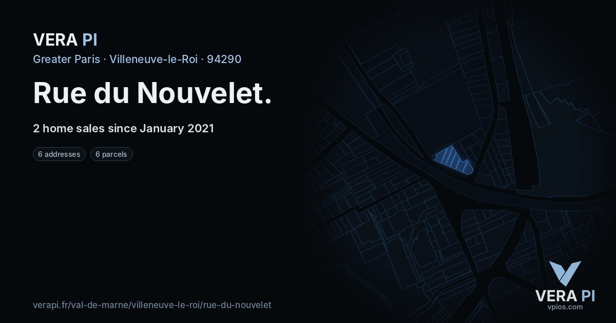 Rue du Nouvelet, Villeneuve-le-Roi at night – every parcel coloured by the prices around it, the street's own parcels lit
