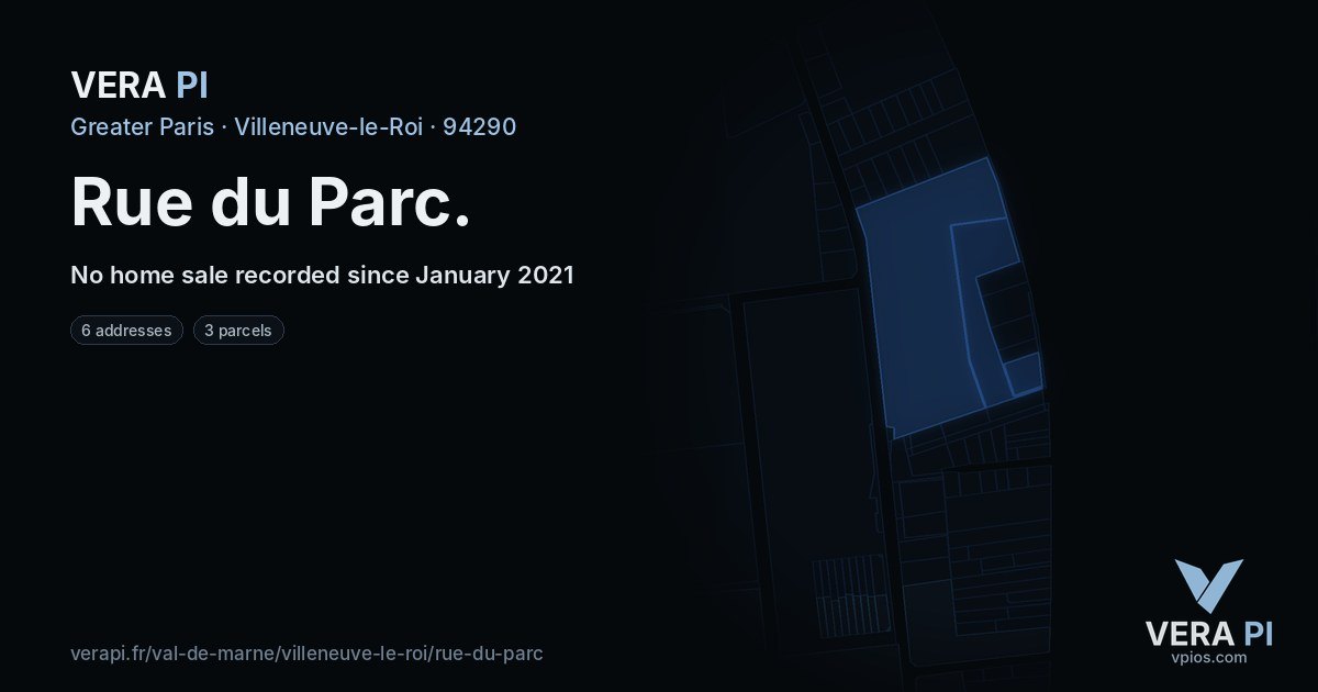 Rue du Parc, Villeneuve-le-Roi at night – every parcel coloured by the prices around it, the street's own parcels lit