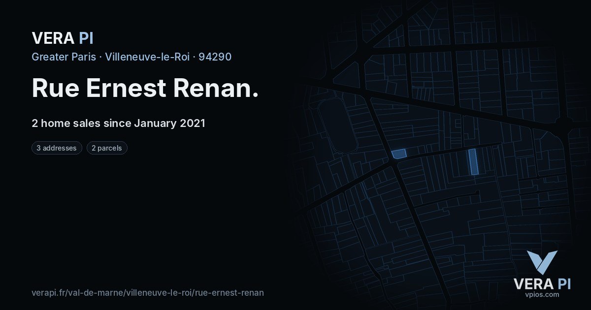 Rue Ernest Renan, Villeneuve-le-Roi at night – every parcel coloured by the prices around it, the street's own parcels lit