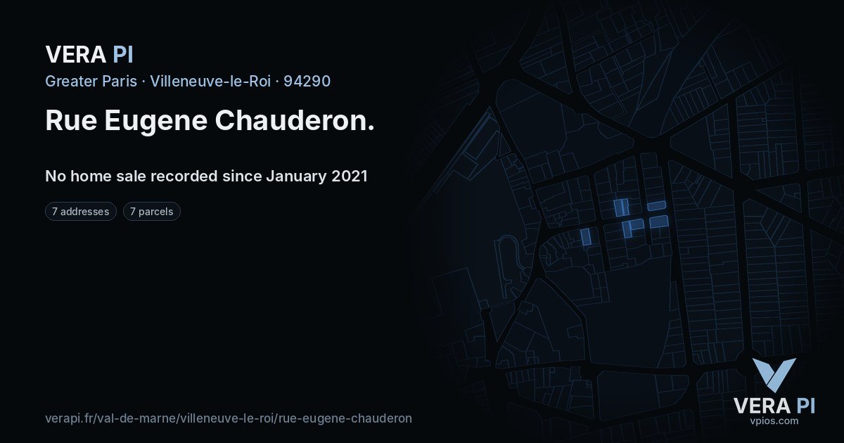 Rue Eugene Chauderon, Villeneuve-le-Roi at night – every parcel coloured by the prices around it, the street's own parcels lit