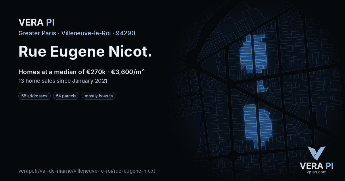 Rue Eugene Nicot, Villeneuve-le-Roi at night – every parcel coloured by the prices around it, the street's own parcels lit