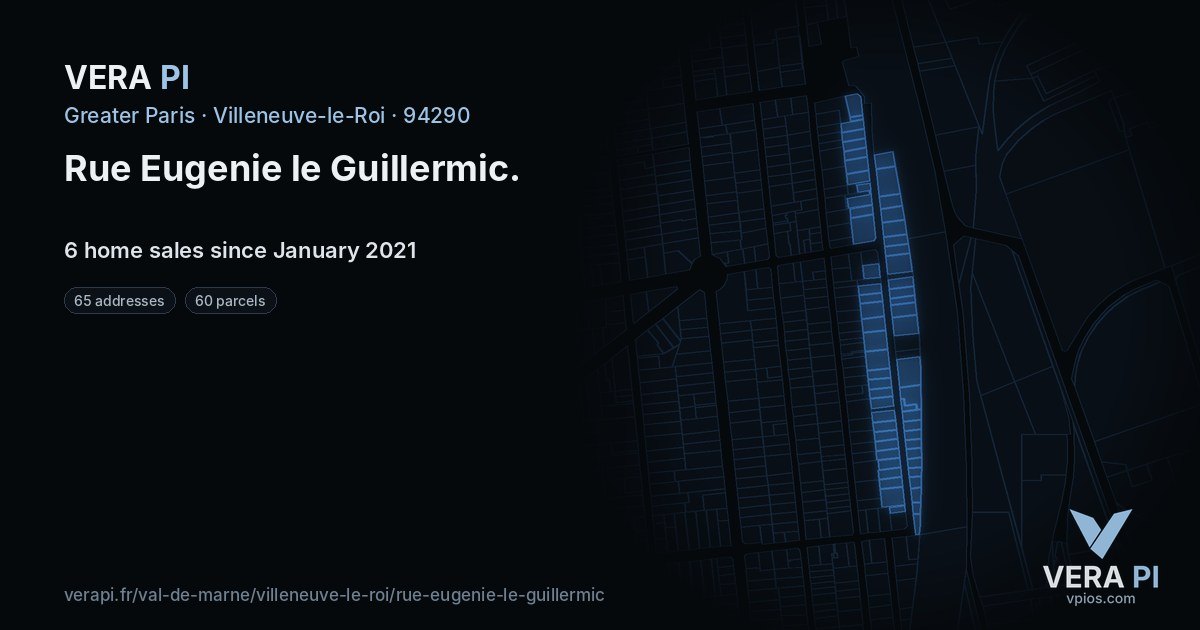 Rue Eugenie le Guillermic, Villeneuve-le-Roi at night – every parcel coloured by the prices around it, the street's own parcels lit
