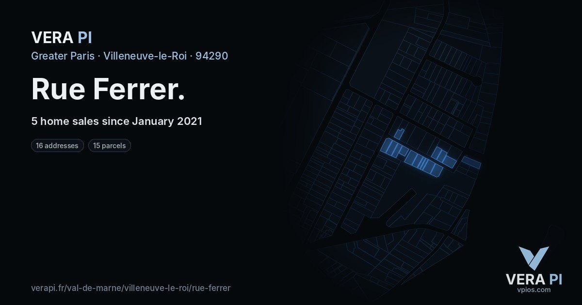 Rue Ferrer, Villeneuve-le-Roi at night – every parcel coloured by the prices around it, the street's own parcels lit