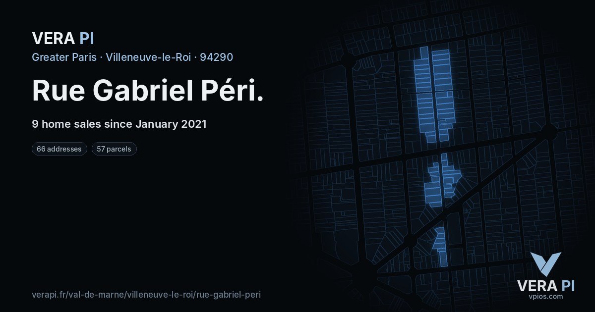 Rue Gabriel Péri, Villeneuve-le-Roi at night – every parcel coloured by the prices around it, the street's own parcels lit