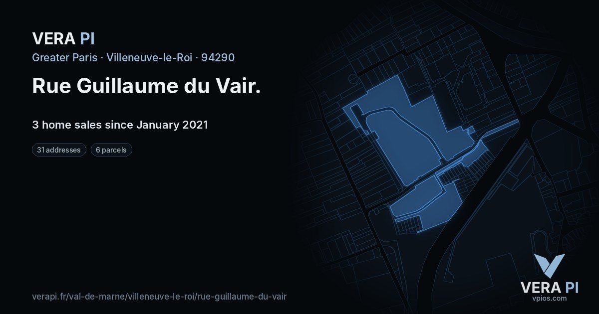 Rue Guillaume du Vair, Villeneuve-le-Roi at night – every parcel coloured by the prices around it, the street's own parcels lit