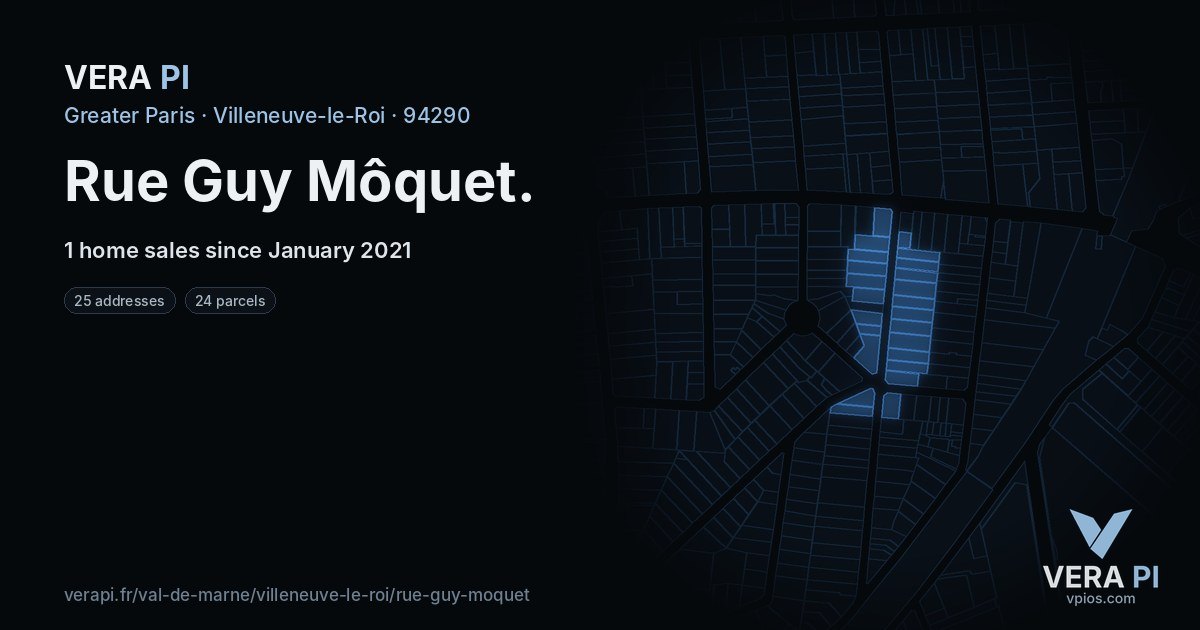 Rue Guy Môquet, Villeneuve-le-Roi at night – every parcel coloured by the prices around it, the street's own parcels lit