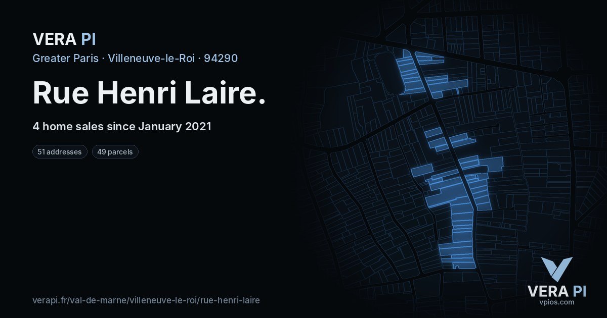 Rue Henri Laire, Villeneuve-le-Roi at night – every parcel coloured by the prices around it, the street's own parcels lit