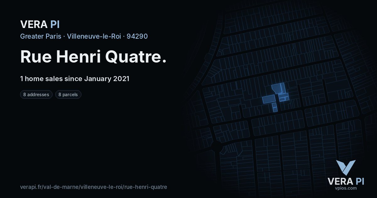Rue Henri Quatre, Villeneuve-le-Roi at night – every parcel coloured by the prices around it, the street's own parcels lit