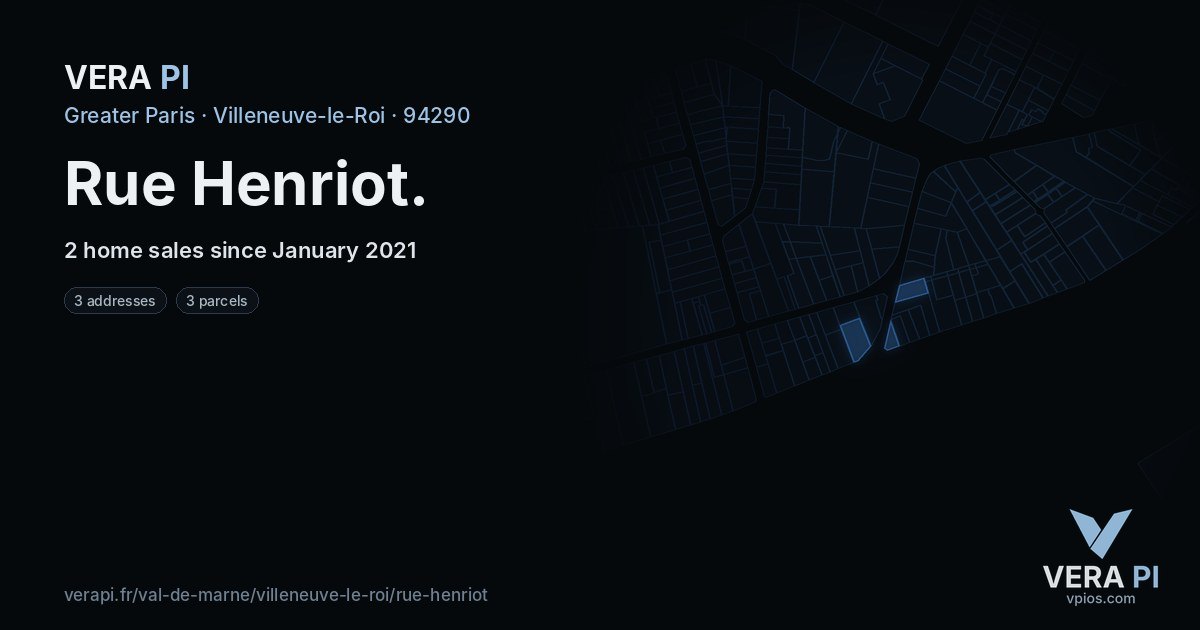 Rue Henriot, Villeneuve-le-Roi at night – every parcel coloured by the prices around it, the street's own parcels lit