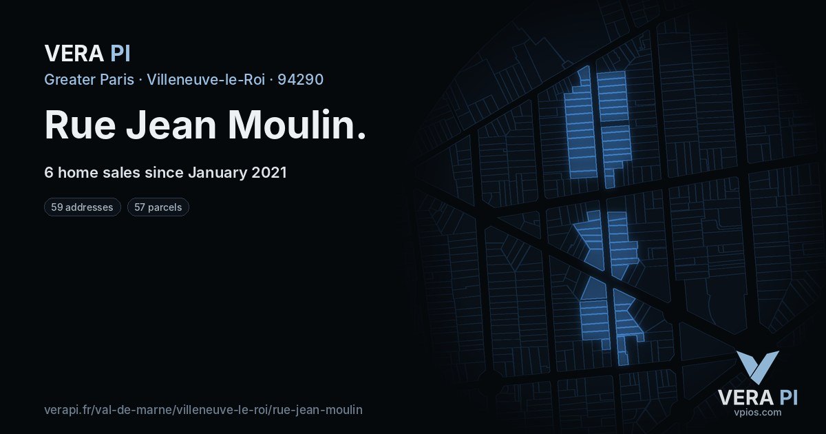 Rue Jean Moulin, Villeneuve-le-Roi at night – every parcel coloured by the prices around it, the street's own parcels lit