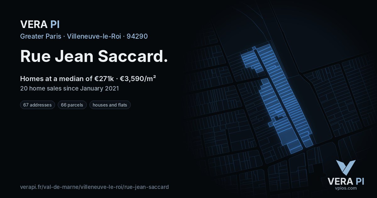 Rue Jean Saccard, Villeneuve-le-Roi at night – every parcel coloured by the prices around it, the street's own parcels lit