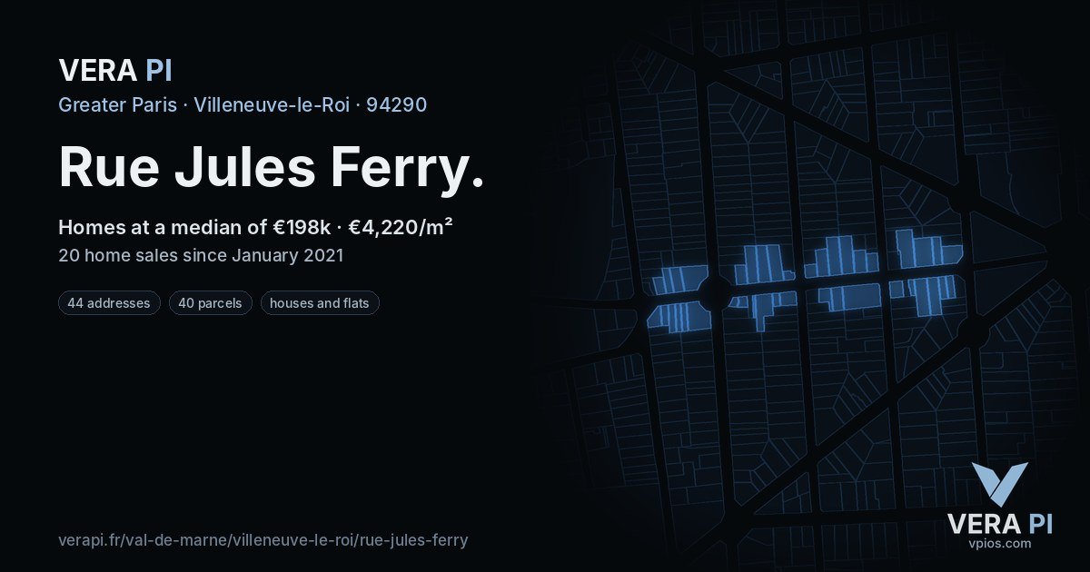 Rue Jules Ferry, Villeneuve-le-Roi at night – every parcel coloured by the prices around it, the street's own parcels lit