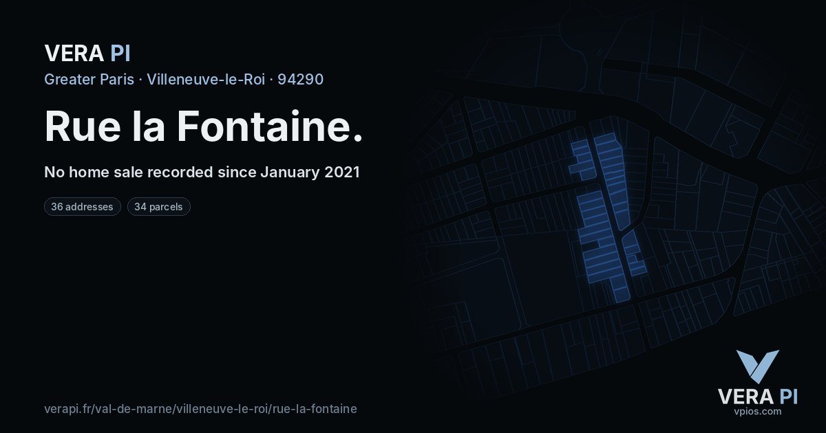 Rue la Fontaine, Villeneuve-le-Roi at night – every parcel coloured by the prices around it, the street's own parcels lit