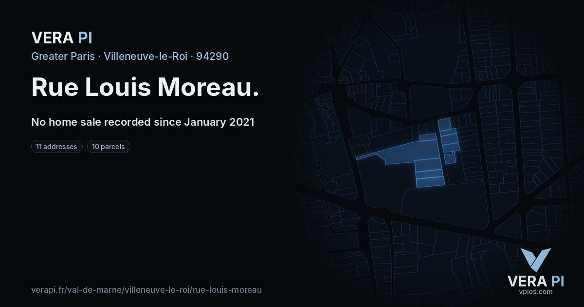 Rue Louis Moreau, Villeneuve-le-Roi at night – every parcel coloured by the prices around it, the street's own parcels lit