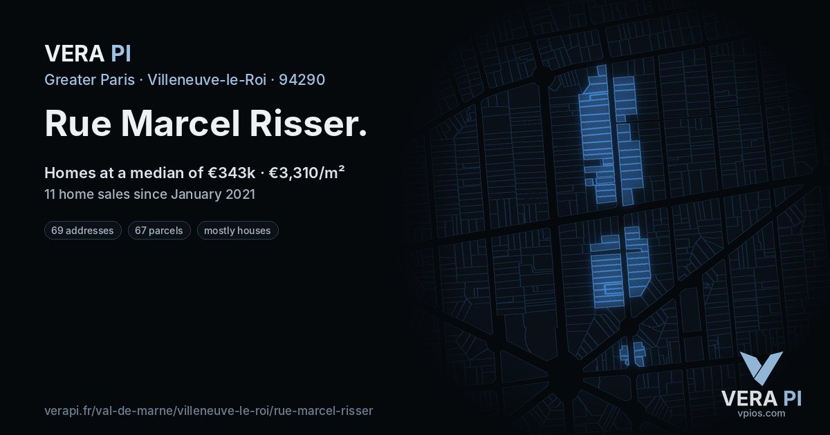 Rue Marcel Risser, Villeneuve-le-Roi at night – every parcel coloured by the prices around it, the street's own parcels lit