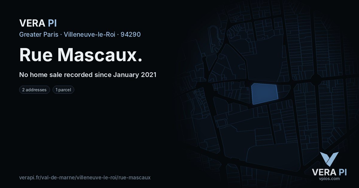 Rue Mascaux, Villeneuve-le-Roi at night – every parcel coloured by the prices around it, the street's own parcels lit